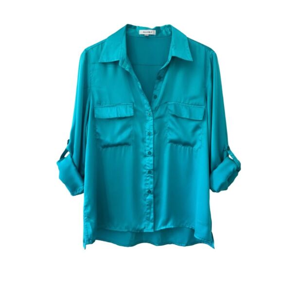 Appraisal Women Button Down Blouse Turquoise Size L with Front Pockets - Picture 8 of 13